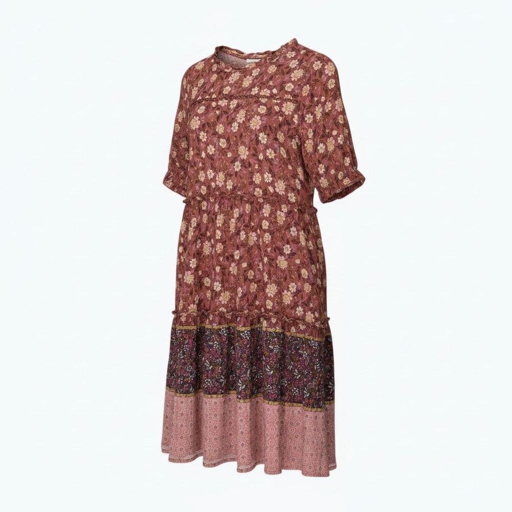 Knox Rose Tiered Floral Dress Womens M Pink Rust Boho Short Sleeve Patchwork